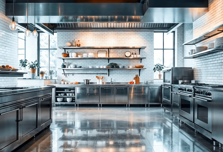 Industrial kitchen equipment including stainless steel ranges, ovens, and open shelving in a professional kitchen