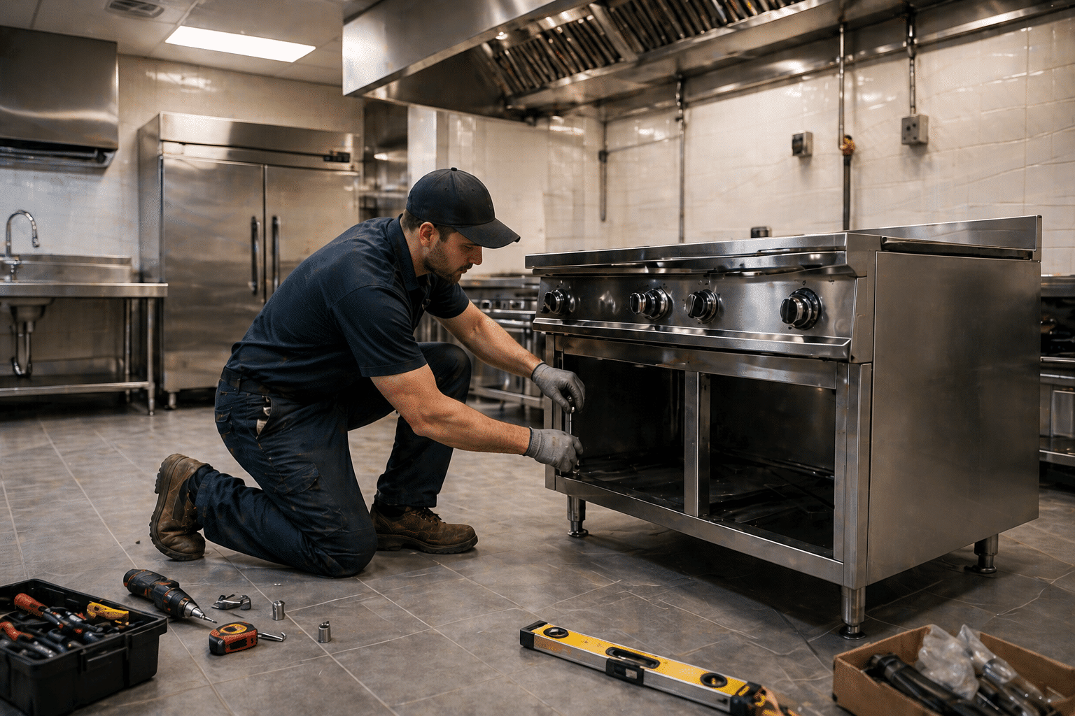 Technician installing commercial kitchen equipment