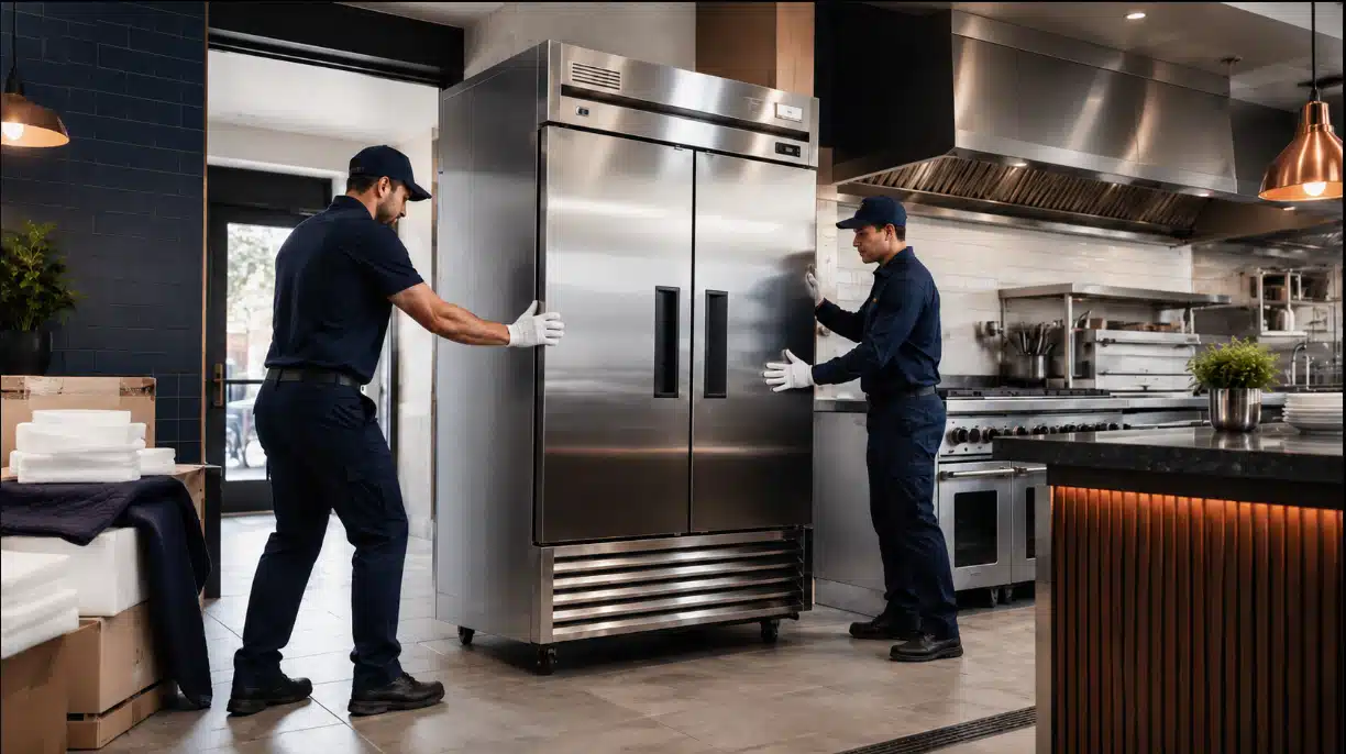 Two commercial kitchen equipment installers moving a refrigerator unit