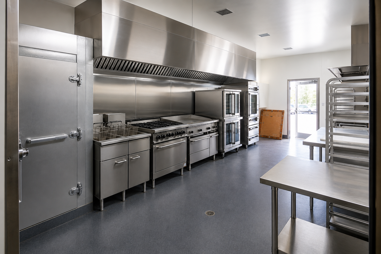 New commercial kitchen with stainless steel equipment, exhaust hood, prep tables, and bright daylight.