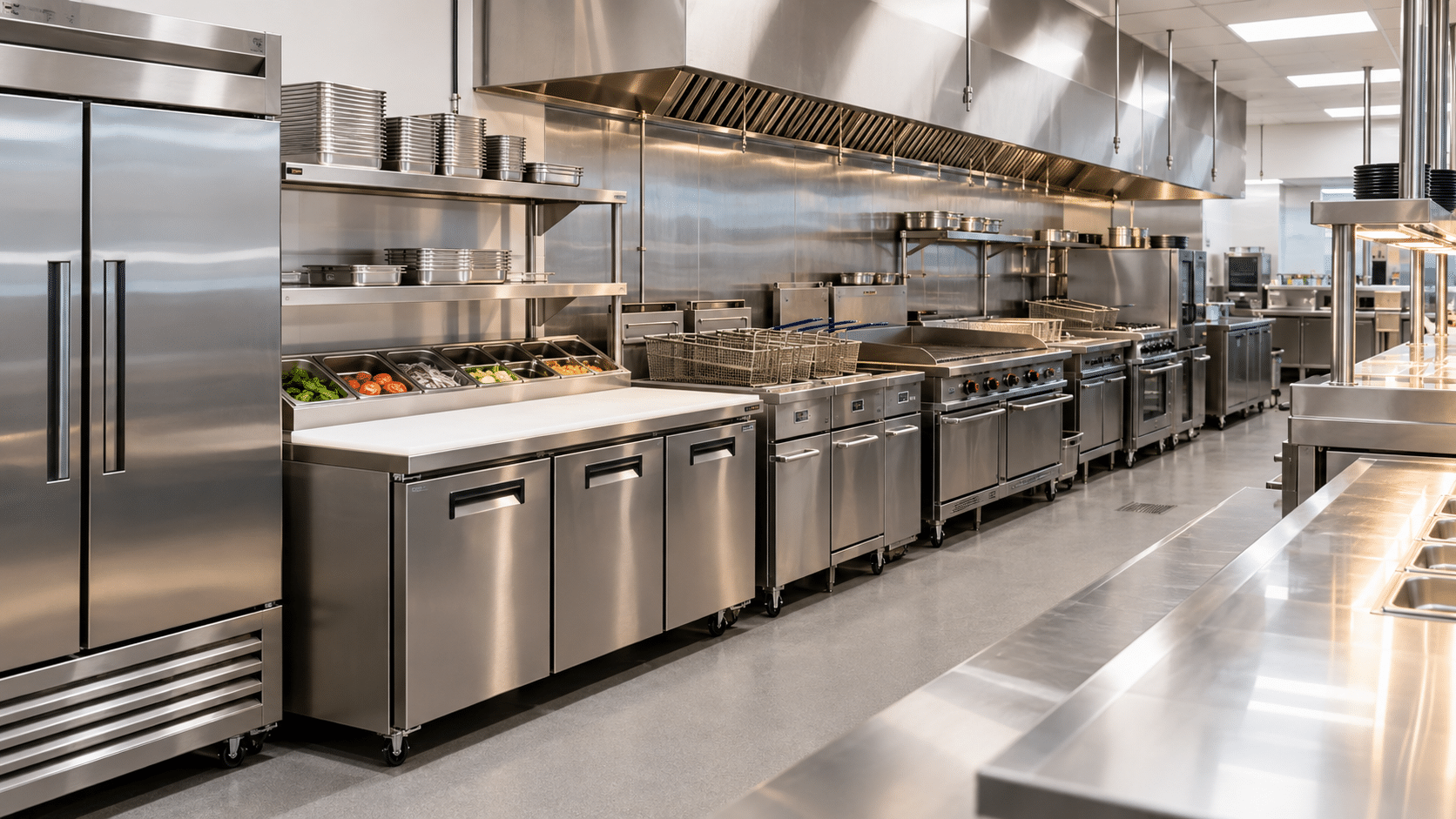 Stainless steel restaurant kitchen line with refrigeration, prep tables, fryers and a grill arranged in sequence under a hood.